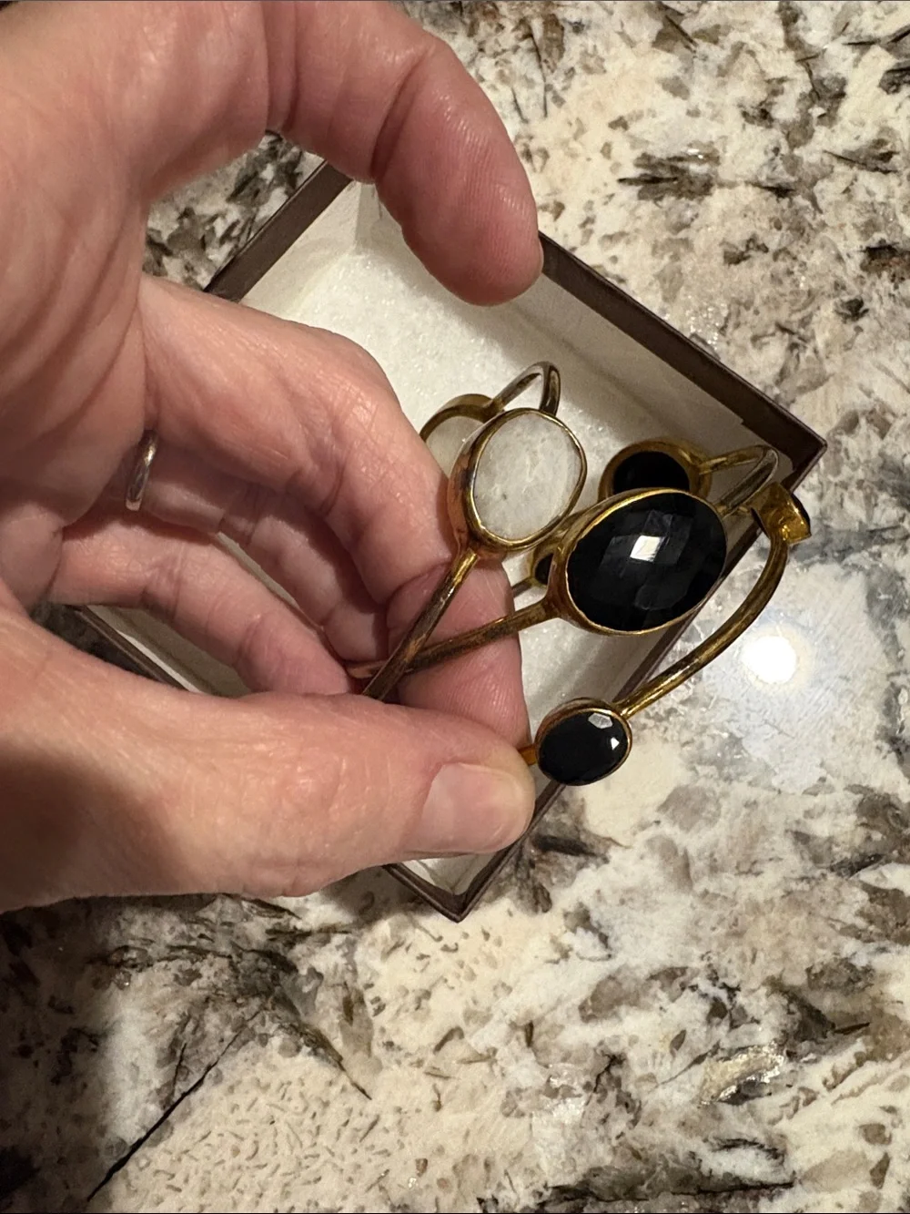 Gold Tone Black Stone Cuff Bracelet Stack